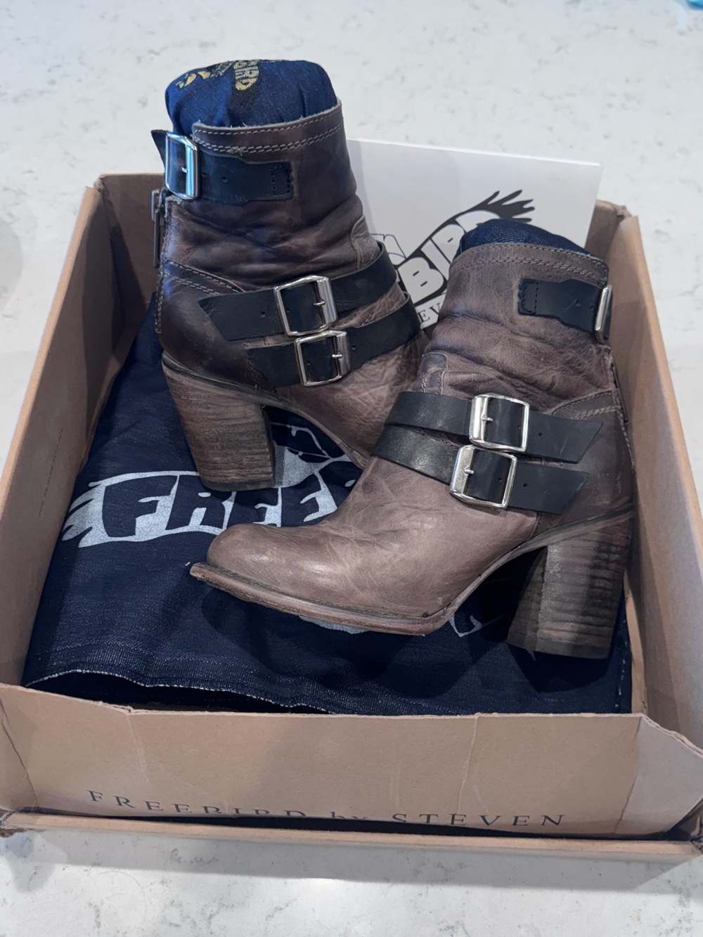 Freebird by Steven Taupe Leather Buckle Ankle Boots with Black Straps